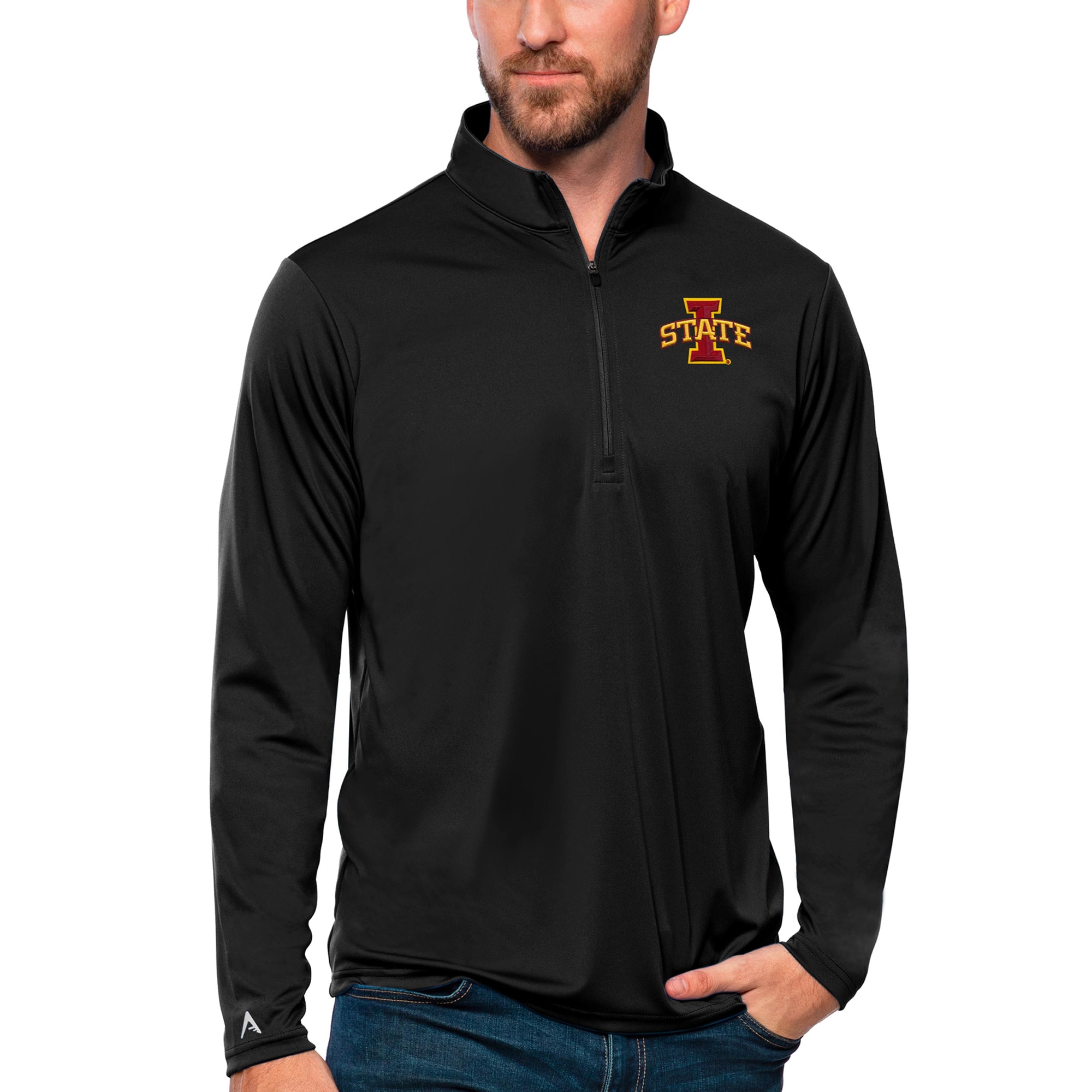 Men's Antigua Black Iowa State Cyclones Tribute Quarter-Zip Top